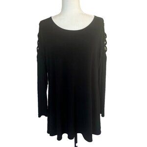 SYMPLI Tunic Blouse Top Size 10 Black Jersey Knit Criss Cross Shoulder Detail